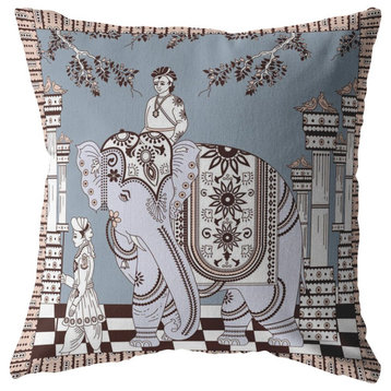 20" Blue Brown Ornate Elephant Indoor Outdoor Zippered Throw Pillow