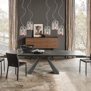 フィラデルフィアの広いモダンスタイルのLDKの画像 (グレーの壁、磁器タイルの床、茶色い床)