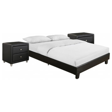 Black Platform Queen Bed With Two Nightstands