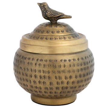 Hammered Aluminum Sphere Container with Lid and Bird, Antique Brass Finish