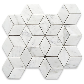 Carrara White Marble 3D Cube Illusion Diamond Geometry Hex Tile Honed, 1 sheet