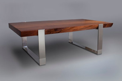 Live-Edge Slab Wood Table with Mirror Polished Stainless Steel Support
