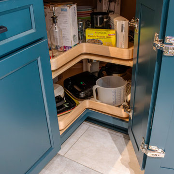 Two Tone Teal and Cream Kitchen with Romano White Quartz Countertop