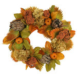 Creative Displays - 26" Hydrangea Fall Wreath with Protea, Queen Anne's Lace and Pumpkins - Welcome fall into your home or office with this gorgeous 27" fall wreath. Handcrafted in the USA with high quality and durable materials, you can enjoy a beautiful and timeless wreath without the maintenance and worry of having to water it. Adorned with the perfect combination of orange magnolia leaves, tan hydrangeas, orange fans, proteas, orange queen anne's lace, and pumpkins, this is a classic statement piece that will add an inviting, autumnal touch to any room. And of course, it comes with a special gift: a delightful surprise that will make it all the more special! Don't miss out — get your own fall wreath today and let its beauty speak for itself.