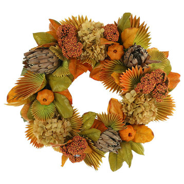 26" Hydrangea Fall Wreath with Protea, Queen Anne's Lace and Pumpkins
