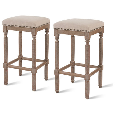 Ernie Counter Stool Drift wood Legs, Set of 2, French Cream, Fabric