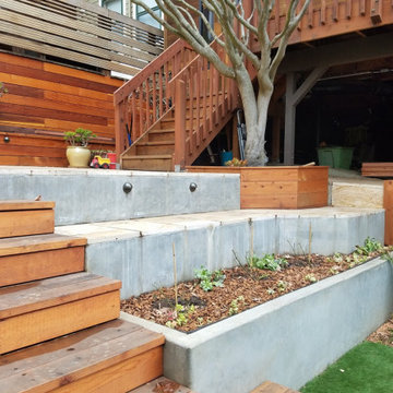 Raised Travertine Patio, Cement Walls with Redwood Appointments