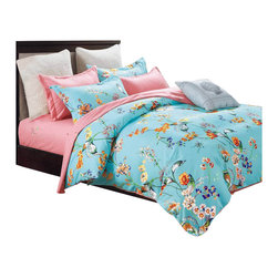 The Linen Center - Blue Floral Twin Size 4 Piece Linen Set With Fitted Sheet - Duvet Covers And Duvet Sets