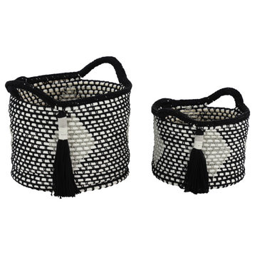 Set of 2 Black Polyester Traditional Storage Basket, 11", 9"