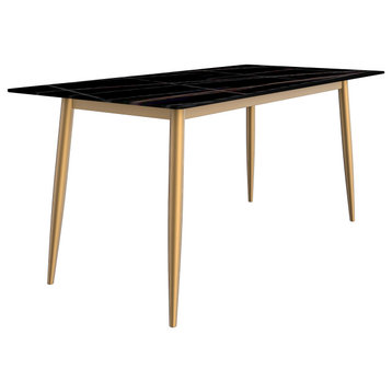 LeisureMod Zayle Dining Table With a 71" Rectangular Top and Gold Steel Base, Black/Gold