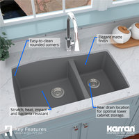 Karran Undermount Quartz 33" 60/40 Double Bowl Kitchen Sink, Grey