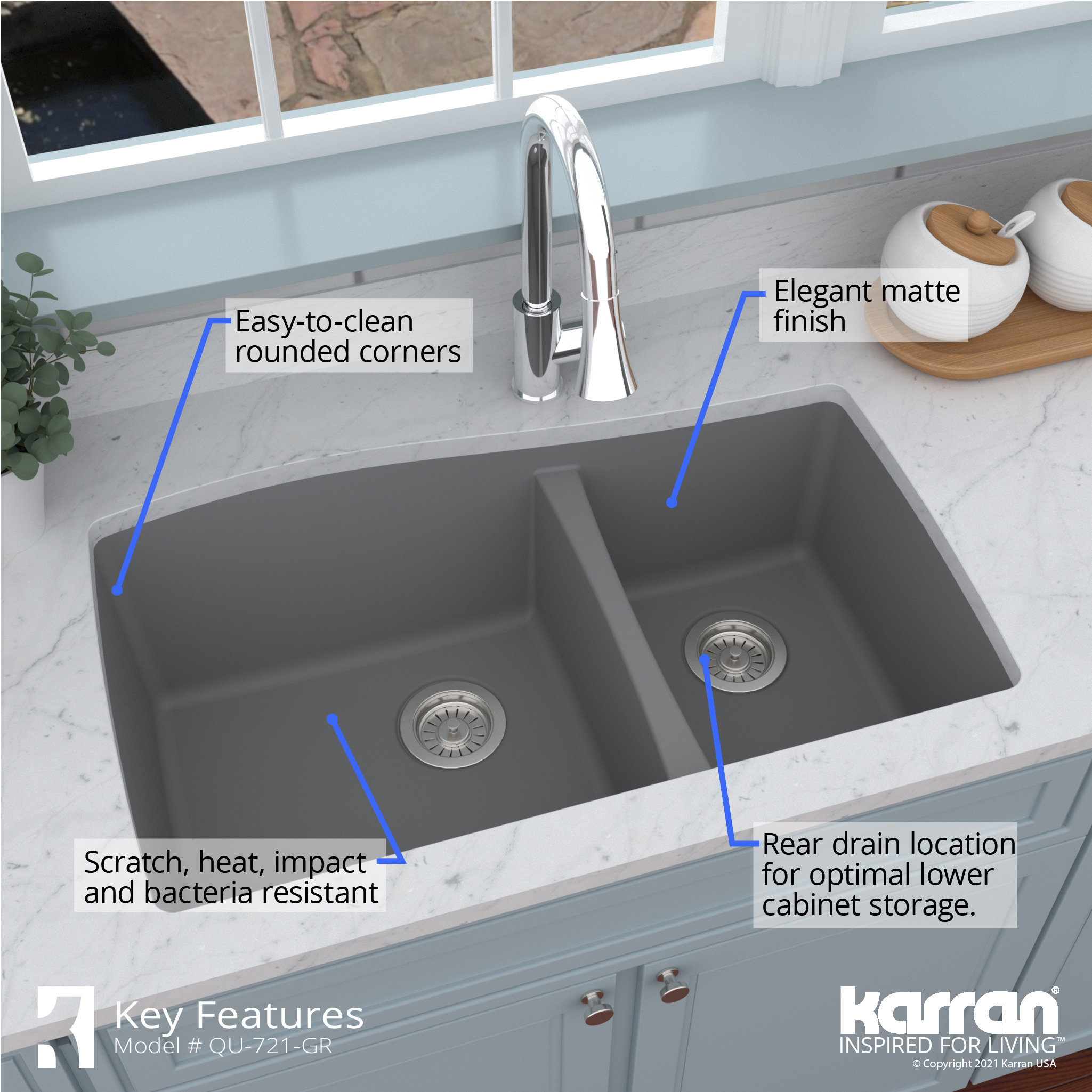 Karran Undermount Quartz 33" 60/40 Double Bowl Kitchen Sink, Grey