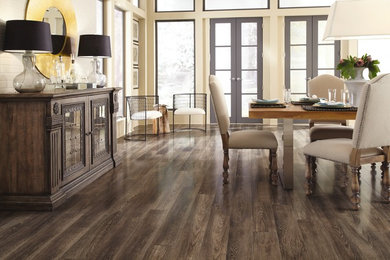 Mid-sized transitional dark wood floor kitchen/dining room combo photo in Salt Lake City with beige walls and no fireplace