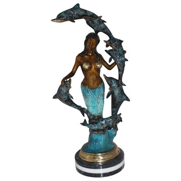 Mermaid w 7 Dolphins Bronze Statue -  Size: 12"L x 12"W x 29"H.