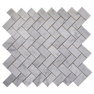 12"x11"Carrara White Marble Mosaic Tile, Herringbone, Honed