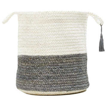 Two-Tone Off-White Jute Decorative Basket With Handles, Frost Gray, 19"