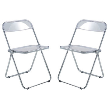 LeisureMod Lawrence Acrylic Folding Chair With Metal Frame Set of 2 in Clear