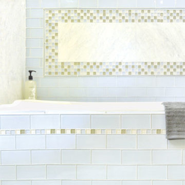Powder Blue Subway Brick, with 3/4" multicolor glass mosaic bathroom