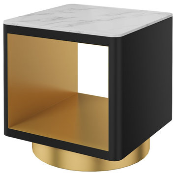 Modern Side Table with Storage Hollow Cube Table with Gold Metal Pedestal, White