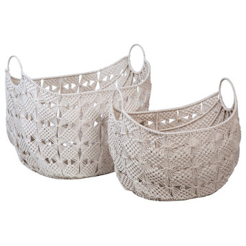 Arielle Natural White Woven Crocheted Cotton Boat Shaped Basket, Set of 2