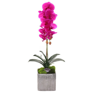Purple Real Touch Orchid With Amethyst, Square Sliver Pot
