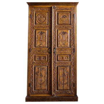 Consigned Antique Armoire, Earthy Hues Anglo Indian Carved Statement Cabinet
