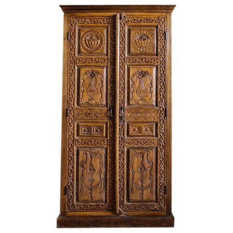 Consigned Antique Colonial Wardrobe Armoire Carved Wood Statement Cabinet