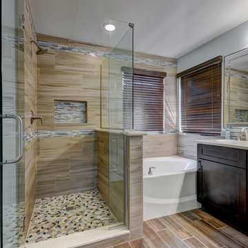 Contemporary Bathroom Tying Together Woods and Neutrals