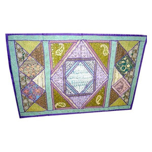 Mogulinterior - Vintage Sari Wall Hanging, Blue Olive Green Embroidered Indian Tapestry Throw - Tapestries