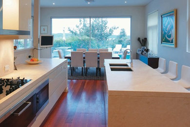 Mid-sized contemporary kitchen/dining combo in Sydney with white walls.