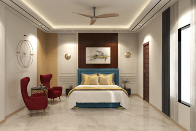 This is an example of a large contemporary master bedroom in Other with beige walls, porcelain flooring, white floors, a vaulted ceiling and wood walls.