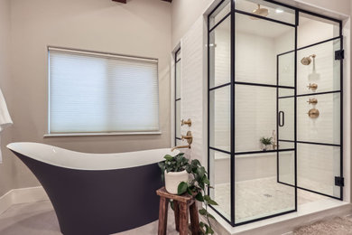 Inspiration for a modern master wood-look tile floor, gray floor, double-sink and wood ceiling bathroom remodel in Denver with recessed-panel cabinets, medium tone wood cabinets, an undermount sink, granite countertops, a hinged shower door, white countertops and a freestanding vanity