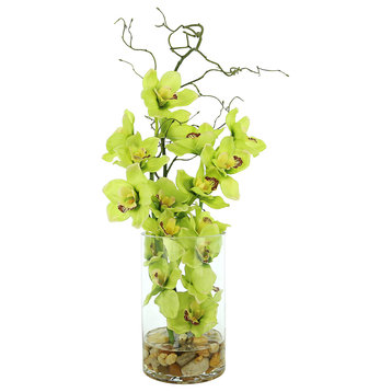 Green Orchids and Vine in Glass Vase with Rocks and Acrylic Water
