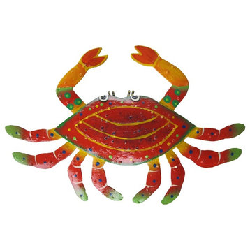 Whimsical Red Orange Coastal Crab Haitian Metal Wall Art Plaque 12 Inches