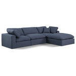 Meridian Furniture - Comfy Upholstered L-Shaped Modular Sectional, Navy, 4-Piece: 1 Armless Chair, 2 Corner Chair, 1 Ottoman, Linen Textured Fabric - Give your space a whole new look with this navy Comfy linen textured fabric sectional. This handsome sectional fits nicely with other items in the Comfy collection and is a versatile seating option designed for adaptability, comfort and style. Wrapped in rich navy durable linen textured fabric upholstery, this sectional offers a plush embrace of overstuffed down feather cushions, carefully crafted to deliver the highest level of comfort. The perfect seat for creating an oasis for relaxation, this sectional has thick foam surrounding its frame for added support and coziness.