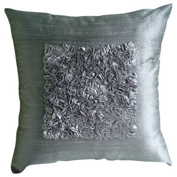 Textured Ribbon Silver Art Silk 14"x14" Pillow Case, Love Vintage