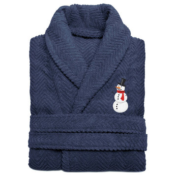 Herringbone Weave Embroidered Snowman Bathrobe, Midnight Blue, Large/XLarge