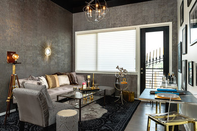Living room - mid-sized contemporary formal and open concept concrete floor and gray floor living room idea in Other with gray walls, no fireplace and no tv