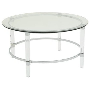Modern Coffee Table, Acrylic Legs With Ring Chrome Support, Tempered Glass Top