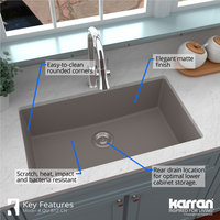Karran QU-812 Undermount 32.5" Large Single Bowl Quartz Sink Kit, Concrete