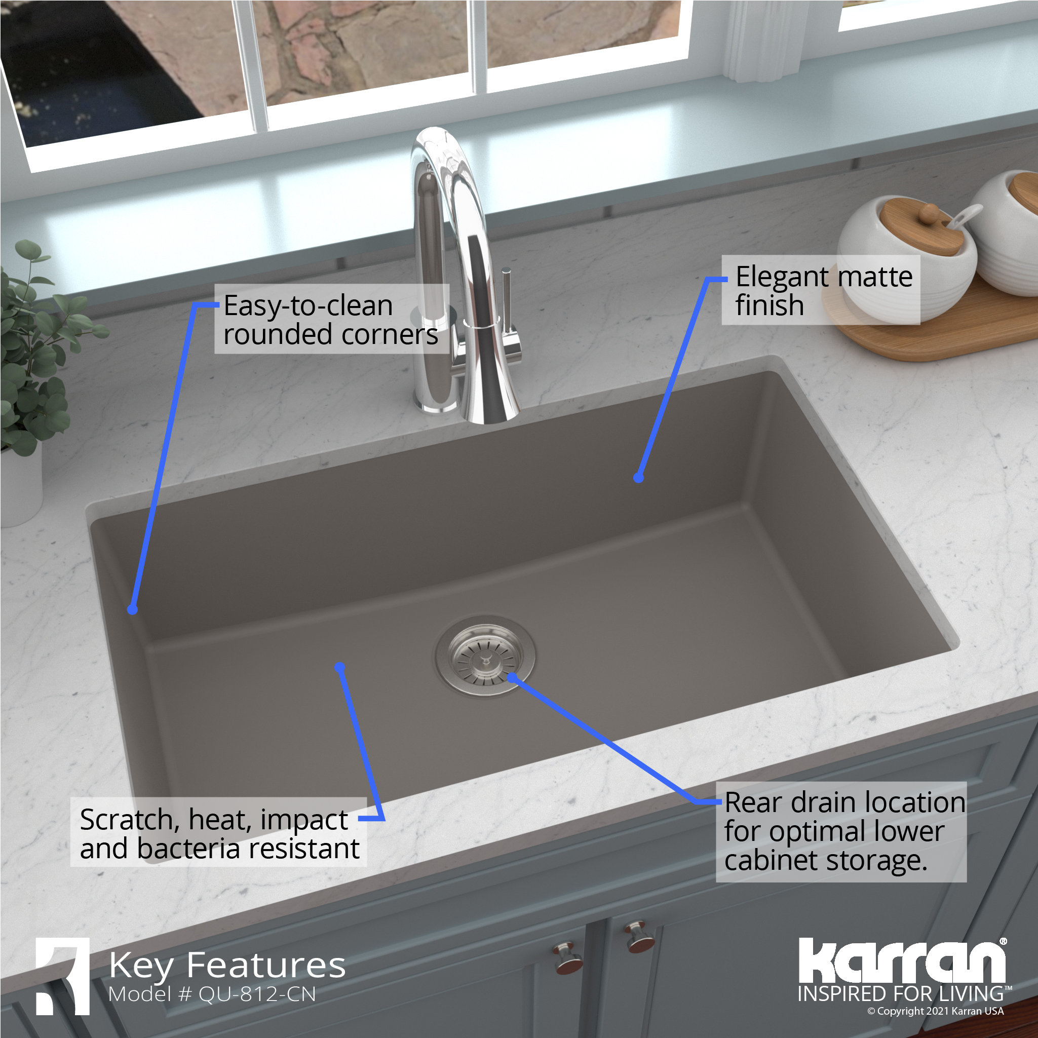 Karran QU-812 Undermount 32.5" Large Single Bowl Quartz Sink Kit, Concrete
