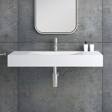 Wall-Mount Floating Sink Solid Surface Stone Resin Bathroom V-Shaped Sink, Matte White
