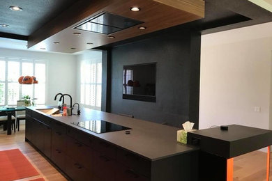 Eat-in kitchen - large contemporary eat-in kitchen idea in Sacramento with an undermount sink, glass countertops, an island and brown countertops