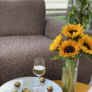 Cappuccino Sofa & Mango Pillows Slipcovers | Mamma Mia Covers