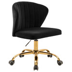 Meridian Furniture - Finley Swivel and Adjustable Velvet Upholstered Office Chair, Black, Gold Base - Count on the Finley Velvet Office Chair to give them something to talk about around the water cooler. This beautiful office chair has a svelte seashell-inspired back that's channel tufted for sumptuously inviting look and added comfort to help you get through those long hours chained to your desk. Reward yourself for the VIP you are with this chair that's upholstered in soft black velvet that feels luxurious against the skin no matter how hard you work. The rich gold base features five casters to make it easy to roll from your workstation to the printer, and this swiveling chair's adjustable for added comfort.