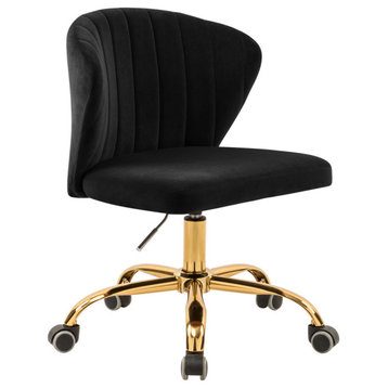 Finley Swivel and Adjustable Velvet Upholstered Office Chair, Black, Gold Base