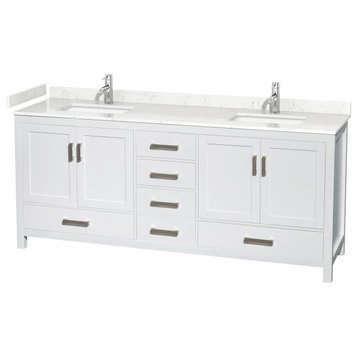Sheffield 80" White Double Vanity, Carrara Cultured Marble Top, No Mirror
