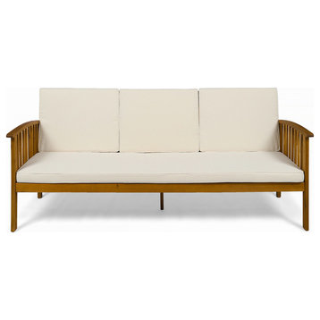 Breenda Outdoor Acacia Wood Sofa With Cushions, Teak Finish/Cream