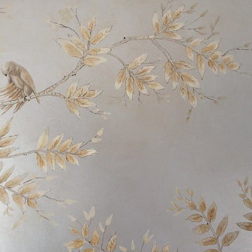 Tree Mural: Close-Up: Stylized Silverleaf Finish with Birds, Trees and Foliage