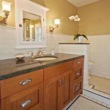 Craftsman style bathroom with raised floor